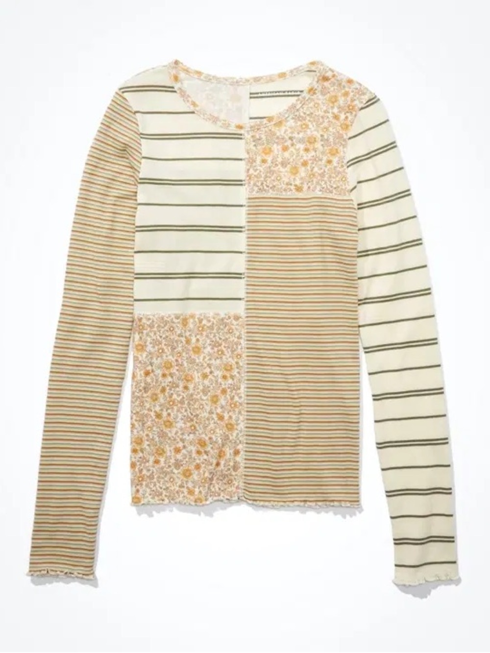 American Eagle Floral Striped Patchwork Lettuce Hem Long Sleeve Tee